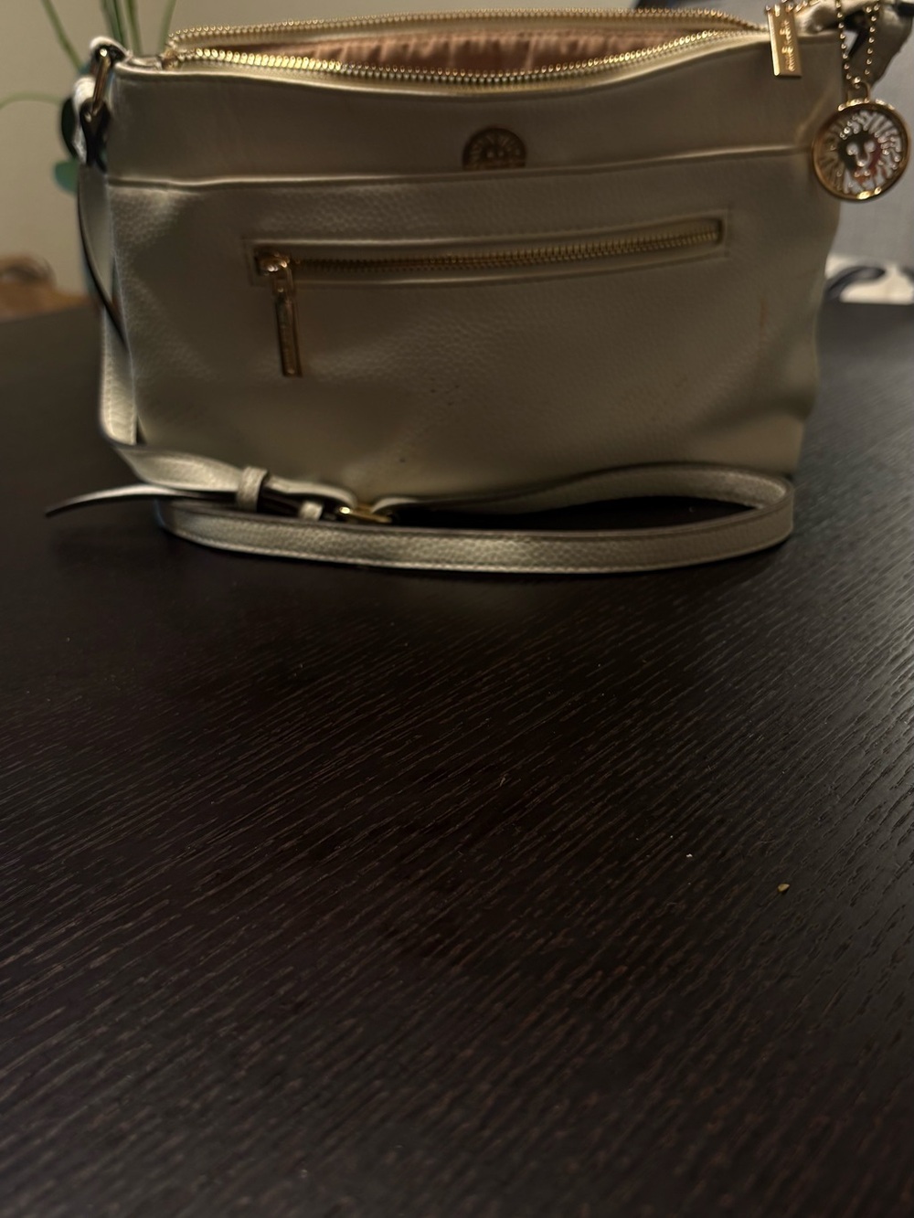 Tory Burch Metallic Cream Pebbled Leather Crossbody with Logo Charm